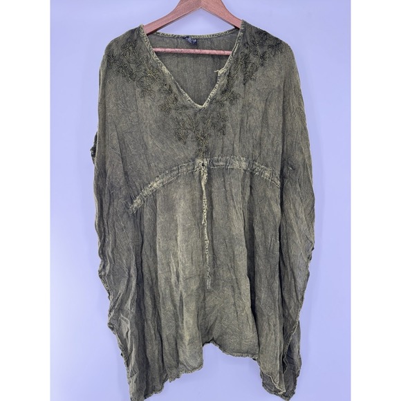 Tie Dye Poncho Top embroidered Green Festival Boho Hippie Beach coverup goblin - Picture 3 of 9